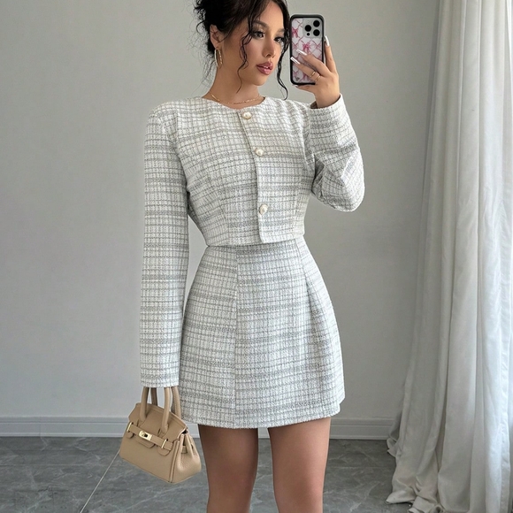 Jackets & Blazers - 2pcs Women's Spring Autumn Elegant Plaid Short Jacket And Sleevele
